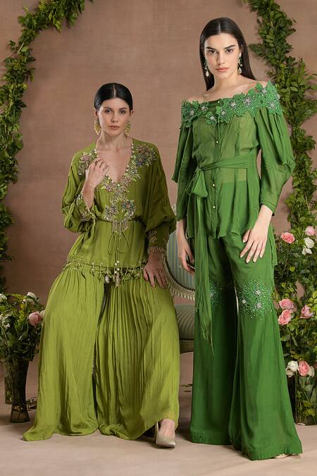 Divisha Sharma_Green Chiffon Sequins, Embellished Floral Applique Off Kurta And Sharara Pant _Online_at_Aza_Fashions