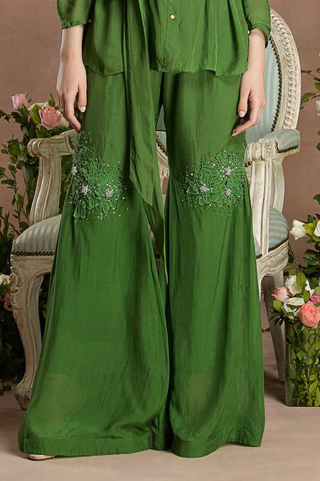 Buy_Divisha Sharma_Green Chiffon Sequins, Embellished Floral Applique Off Kurta And Sharara Pant _Online_at_Aza_Fashions