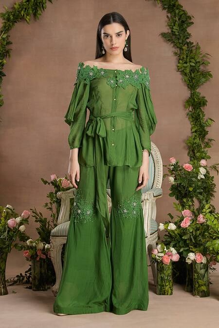 Shop_Divisha Sharma_Green Chiffon Sequins, Embellished Floral Applique Off Kurta And Sharara Pant _Online_at_Aza_Fashions
