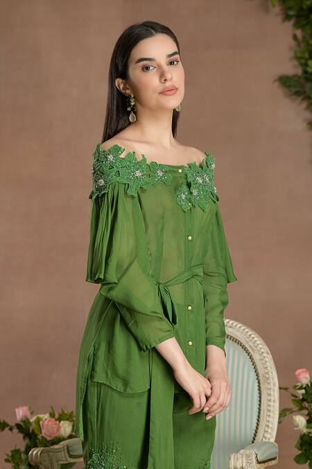 Divisha Sharma_Green Chiffon Sequins, Embellished Floral Applique Off Kurta And Sharara Pant _at_Aza_Fashions