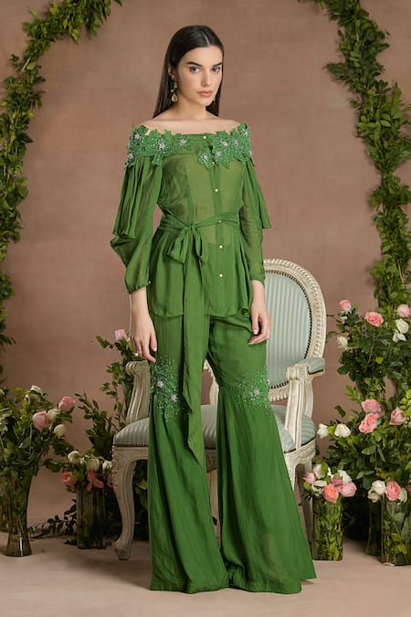 Divisha Sharma Embellished Floral Applique Off Shoulder Kurta & Sharara Pant 