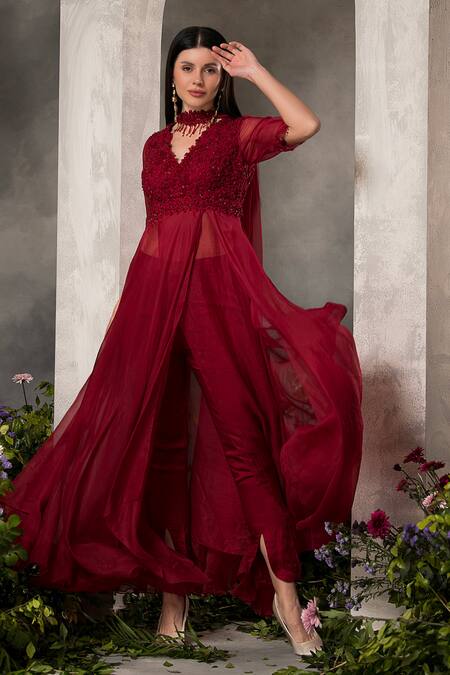 Divisha Sharma_Red Organza, Tulle, Dori Blossom Embroidered Bodice Front Slit Kurta And Pant Set _Online_at_Aza_Fashions