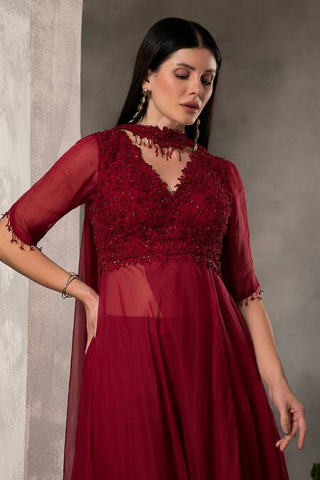 Buy_Divisha Sharma_Red Organza, Tulle, Dori Blossom Embroidered Bodice Front Slit Kurta And Pant Set _Online_at_Aza_Fashions