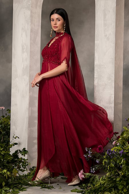 Shop_Divisha Sharma_Red Organza, Tulle, Dori Blossom Embroidered Bodice Front Slit Kurta And Pant Set _Online_at_Aza_Fashions
