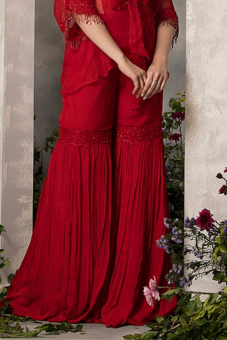 Divisha Sharma_Red Silk Organza, Chiffon 3d Bloom Crest Wrap Tunic And Sharara Pant Set _Online_at_Aza_Fashions
