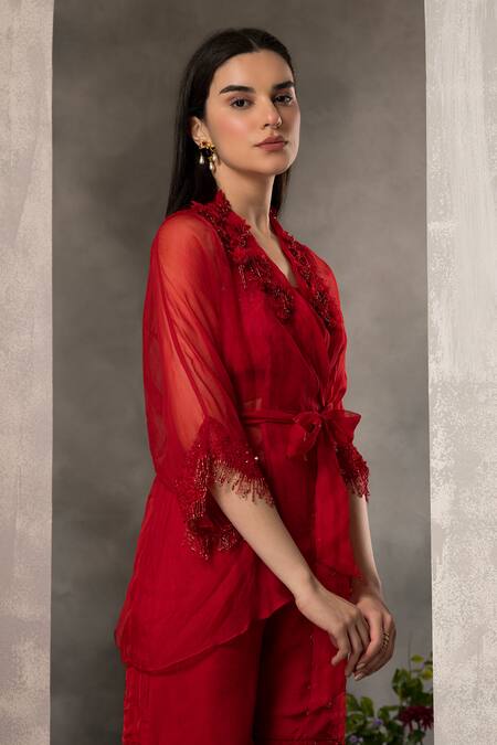 Buy_Divisha Sharma_Red Silk Organza, Chiffon 3d Bloom Crest Wrap Tunic And Sharara Pant Set _Online_at_Aza_Fashions
