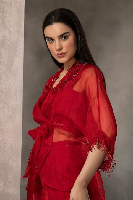 Shop_Divisha Sharma_Red Silk Organza, Chiffon 3d Bloom Crest Wrap Tunic And Sharara Pant Set _Online_at_Aza_Fashions