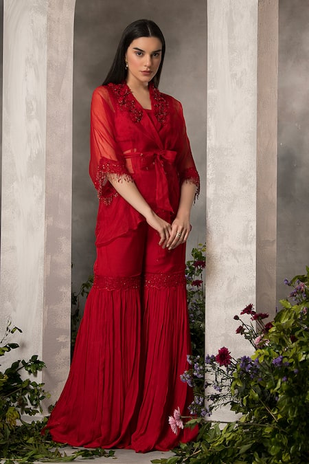 Divisha Sharma Red Silk Organza Embroidery 3d Bloom Crest V Neck Wrap Tunic And Sharara Pant Set 