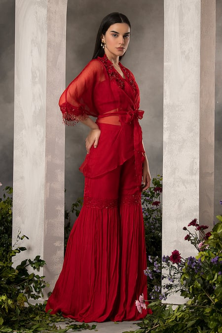 Divisha Sharma 3D Bloom Crest Embroidered Wrap Tunic & Sharara Pant Set 