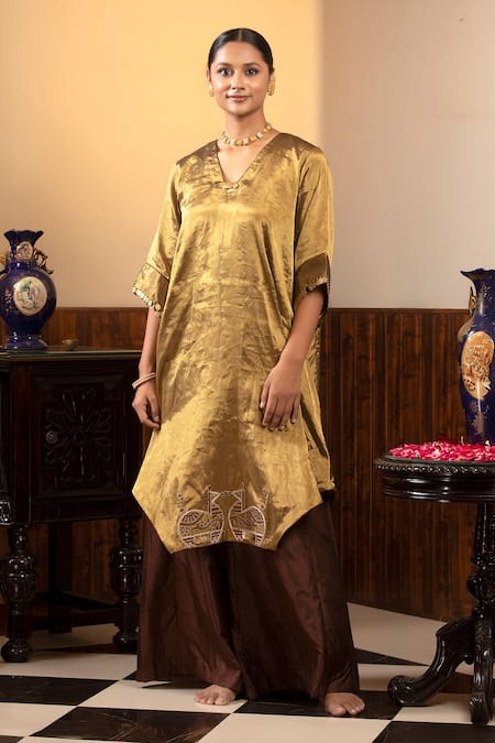 Eeda Sequin Sleeve Embroidered Kurta & Wide Legged Pant Set 