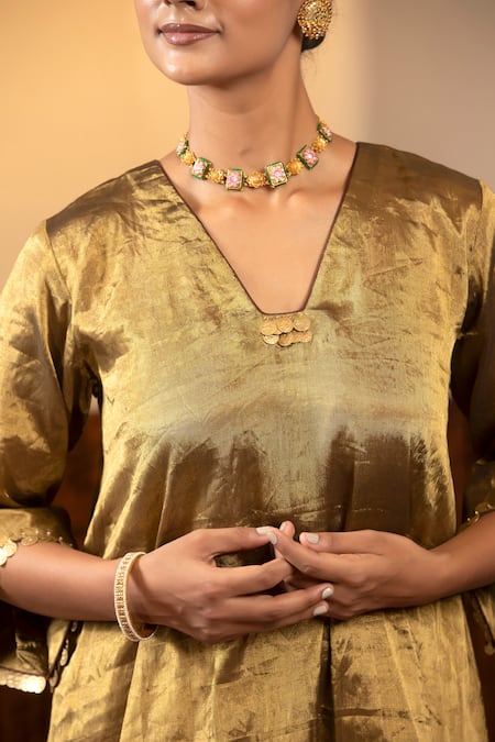 Shop_Eeda_Gold Tissue, Silk Metallic Thread, Sequin Sleeve Kurta And Wide Legged Pant Set 