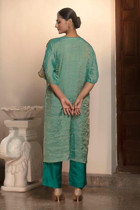 Shop Eeda Green Mohair, Silk Embroidery, Metallic Sleeve Kurta And Wide Legged Pant Set at Aza Fashions Shop_Eeda_Green Mohair, Silk Embroidery, Metallic Sleeve Kurta And Wide Legged Pant Set _at_Aza_Fashions