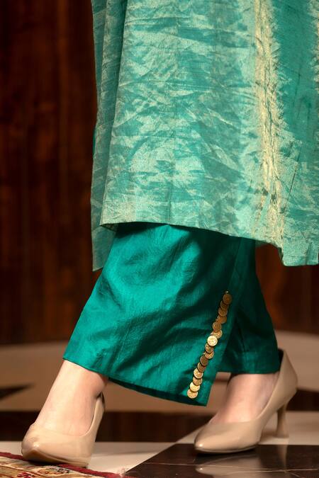 Eeda Green Mohair, Silk Embroidery, Metallic Sleeve Kurta And Wide Legged Pant Set Online at Aza Fashions Eeda_Green Mohair, Silk Embroidery, Metallic Sleeve Kurta And Wide Legged Pant Set _Online_at_Aza_Fashions