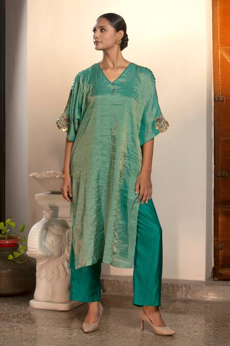 Buy Eeda Green Mohair, Silk Embroidery, Metallic Sleeve Kurta And Wide Legged Pant Set Online at Aza Fashions Buy_Eeda_Green Mohair, Silk Embroidery, Metallic Sleeve Kurta And Wide Legged Pant Set _Online_at_Aza_Fashions