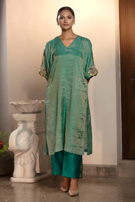 Shop Eeda Green Mohair, Silk Embroidery, Metallic Sleeve Kurta And Wide Legged Pant Set Online at Aza Fashions Shop_Eeda_Green Mohair, Silk Embroidery, Metallic Sleeve Kurta And Wide Legged Pant Set _Online_at_Aza_Fashions