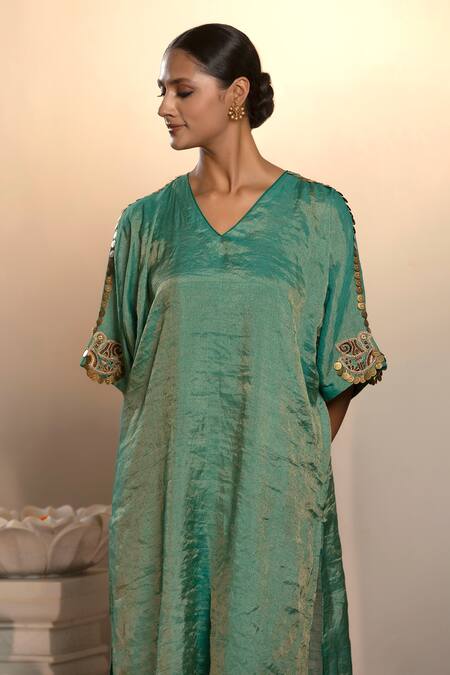 Eeda Green Mohair, Silk Embroidery, Metallic Sleeve Kurta And Wide Legged Pant Set at Aza Fashions Eeda_Green Mohair, Silk Embroidery, Metallic Sleeve Kurta And Wide Legged Pant Set _at_Aza_Fashions