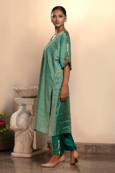 Buy Eeda Green Mohair, Silk Embroidery, Metallic Sleeve Kurta And Wide Legged Pant Set Buy_Eeda_Green Mohair, Silk Embroidery, Metallic Sleeve Kurta And Wide Legged Pant Set