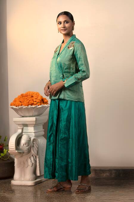 Eeda Green Mohair, Silk Metallic Thread, Bird Placement Embroidered Shirt And Skirt Set Online at Aza Fashions Eeda_Green Mohair, Silk Metallic Thread, Bird Placement Embroidered Shirt And Skirt Set _Online_at_Aza_Fashions