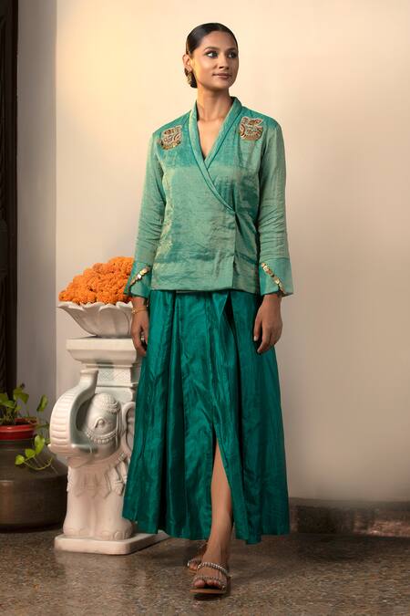 Eeda Green Mohair, Silk Metallic Thread, Bird Placement Embroidered Shirt And Skirt Set at Aza Fashions Eeda_Green Mohair, Silk Metallic Thread, Bird Placement Embroidered Shirt And Skirt Set _at_Aza_Fashions