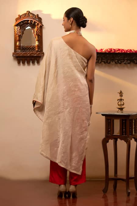 Shop Eeda Silver Mohair, Silk Metallic One Shoulder Neckline Embroidered Kurta And Pant Set at Aza Fashions Shop_Eeda_Silver Mohair, Silk Metallic One Shoulder Neckline Embroidered Kurta And Pant Set _at_Aza_Fashions