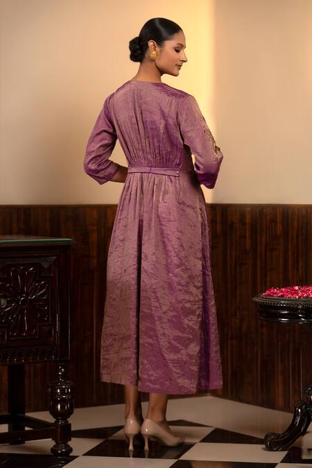 Shop_Eeda_Purple Moonga Tissue Embroidery Metal Coin V Neck Neckline Dress _at_Aza_Fashions