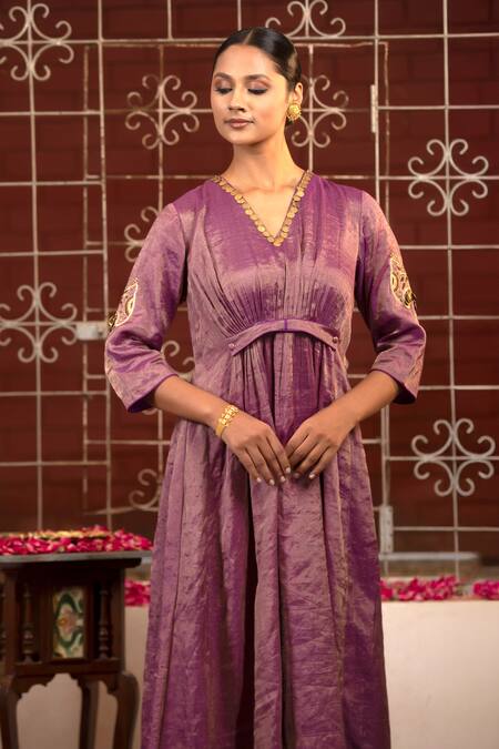 Buy_Eeda_Purple Moonga Tissue Embroidery Metal Coin V Neck Neckline Dress _Online_at_Aza_Fashions