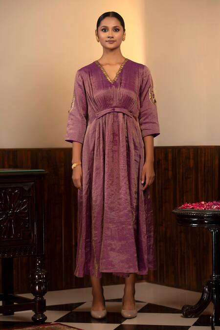 Shop_Eeda_Purple Moonga Tissue Embroidery Metal Coin V Neck Neckline Dress _Online_at_Aza_Fashions