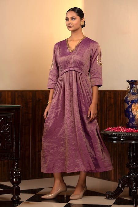 Eeda_Purple Moonga Tissue Embroidery Metal Coin V Neck Neckline Dress _at_Aza_Fashions