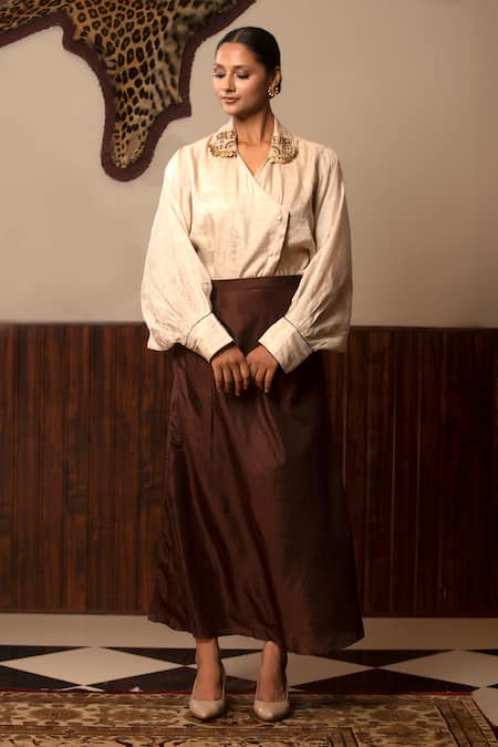 Eeda Collar Embroidered Shirt & Skirt Set 