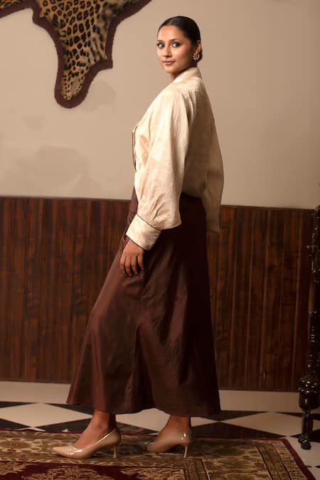 Shop Eeda Silver Mohair, Silk Zari, Metallic Thread Collared Embroidered Shirt And Skirt Set at Aza Fashions Shop_Eeda_Silver Mohair, Silk Zari, Metallic Thread Collared Embroidered Shirt And Skirt Set _at_Aza_Fashions