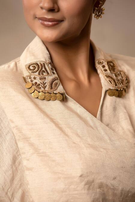 Shop Eeda Silver Mohair, Silk Zari, Metallic Thread Collared Embroidered Shirt And Skirt Set Online at Aza Fashions Shop_Eeda_Silver Mohair, Silk Zari, Metallic Thread Collared Embroidered Shirt And Skirt Set _Online_at_Aza_Fashions