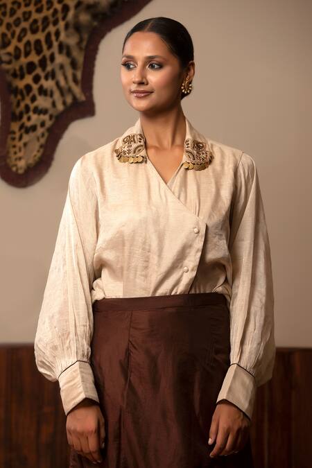 Eeda Silver Mohair, Silk Zari, Metallic Thread Collared Embroidered Shirt And Skirt Set at Aza Fashions Eeda_Silver Mohair, Silk Zari, Metallic Thread Collared Embroidered Shirt And Skirt Set _at_Aza_Fashions