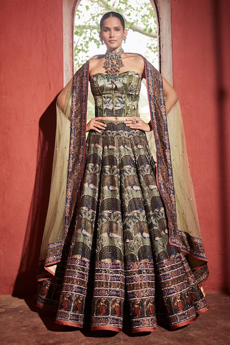 Reynu Taandon_Green Chanderi, Chiffon Stones, Embroidery, Sequins Kalamkari Print Lehenga Set _Online_at_Aza_Fashions