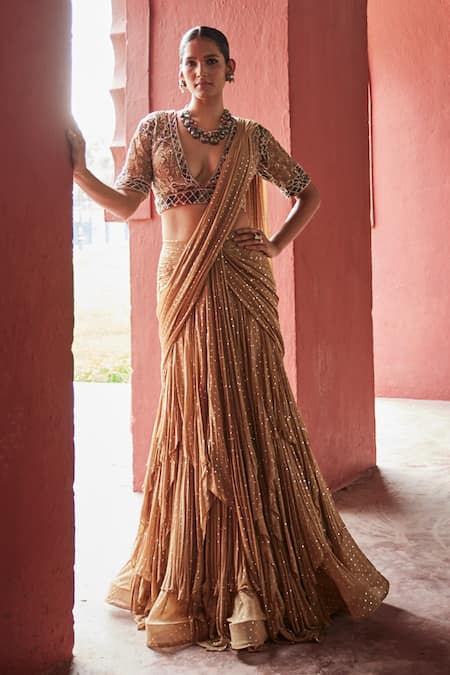 Reynu Taandon Stone Work Layered Pre-Draped Saree With Blouse 