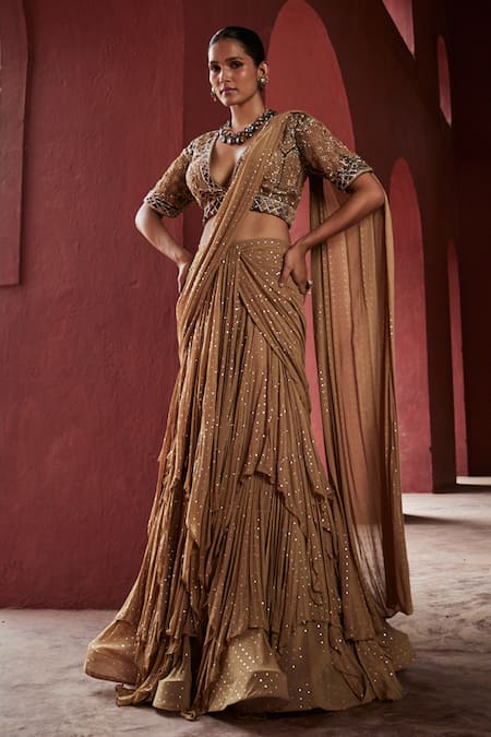 Reynu Taandon Stone Work Layered Pre-Draped Saree With Blouse 