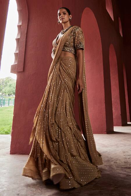 Reynu Taandon_Beige Georgette, Linen Sequins, Beads, Work Layered Pre-draped Saree With Blouse _Online_at_Aza_Fashions