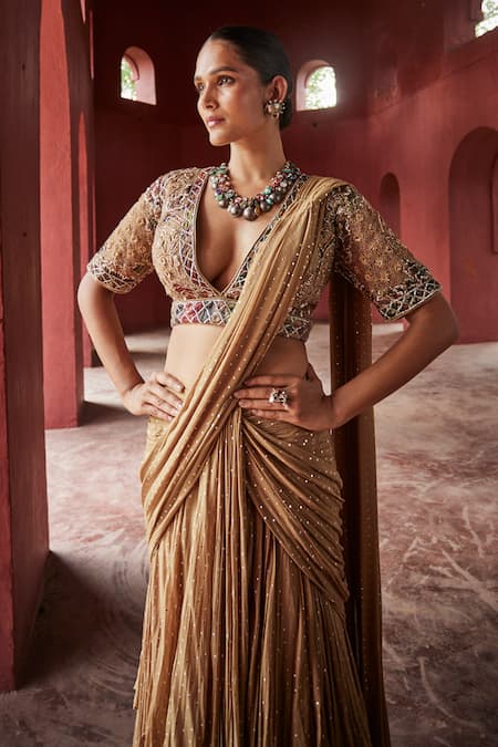 Buy_Reynu Taandon_Beige Georgette, Linen Sequins, Beads, Work Layered Pre-draped Saree With Blouse _Online_at_Aza_Fashions
