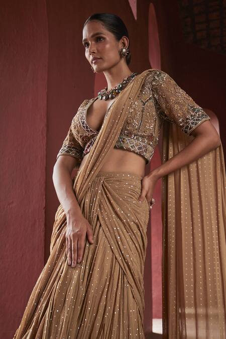 Reynu Taandon_Beige Georgette, Linen Sequins, Beads, Work Layered Pre-draped Saree With Blouse _at_Aza_Fashions