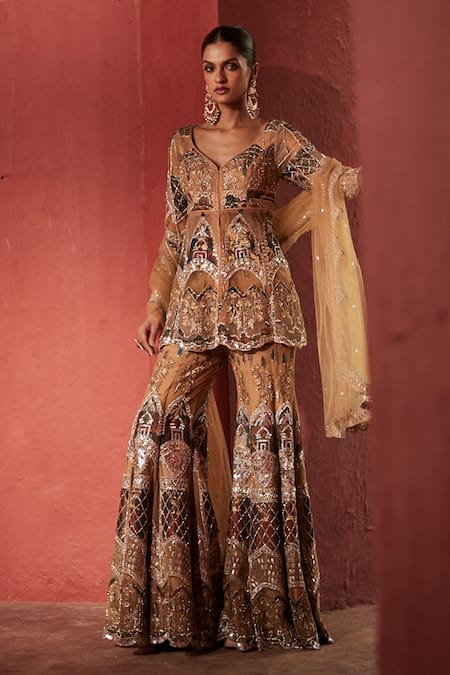 Reynu Taandon Kalamkari Applique Work Kurta Sharara Set 