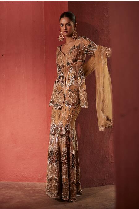 Shop_Reynu Taandon_Beige Chanderi, Linen Mirrors, Kalamkari Applique Work Kurta Sharara Set _Online_at_Aza_Fashions