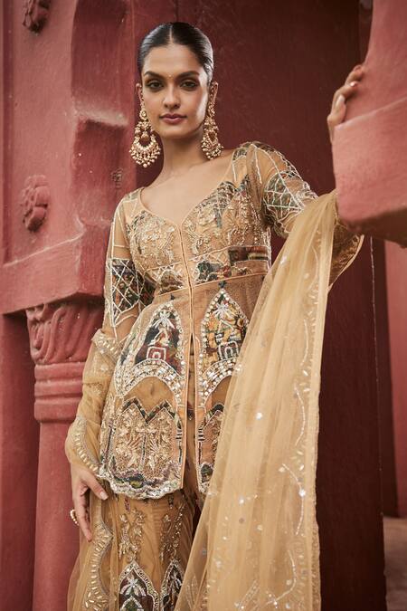 Reynu Taandon_Beige Chanderi, Linen Mirrors, Kalamkari Applique Work Kurta Sharara Set _at_Aza_Fashions