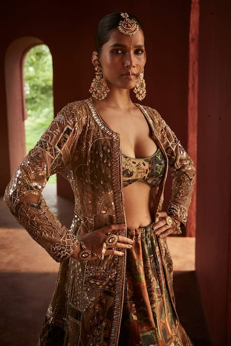 Reynu Taandon_Beige Chanderi Sequins, Stones, Beads Plunge Kalamkari Print Lehenga Achkan Set _Online_at_Aza_Fashions