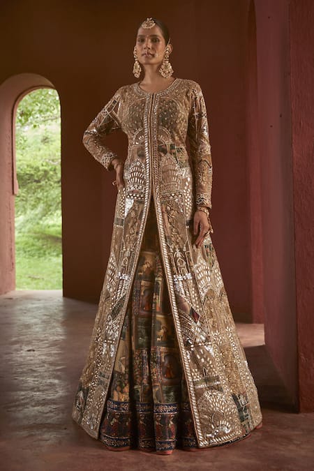 Shop_Reynu Taandon_Beige Chanderi Sequins, Stones, Beads Plunge Kalamkari Print Lehenga Achkan Set _Online_at_Aza_Fashions