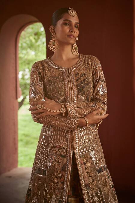 Reynu Taandon_Beige Chanderi Sequins, Stones, Beads Plunge Kalamkari Print Lehenga Achkan Set _at_Aza_Fashions