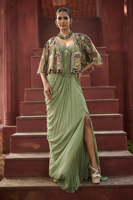 Reynu Taandon Green Georgette Embroidered Floral Stone Work Draped Corset Saree And Cape 