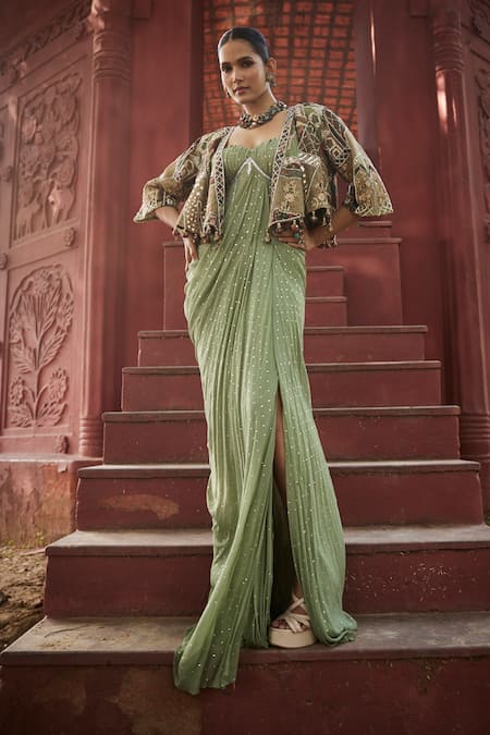 Reynu Taandon Floral Stone Work Draped Corset Saree & Cape 