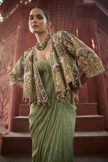 Reynu Taandon_Green Georgette Sequins, Stones Floral Work Draped Corset Saree And Cape _at_Aza_Fashions