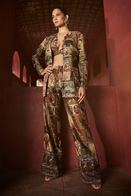 Buy_Reynu Taandon_Brown Chanderi Sequins, Beads Plunge Neck Kalamkari Print Jacket And Pant Set _Online_at_Aza_Fashions