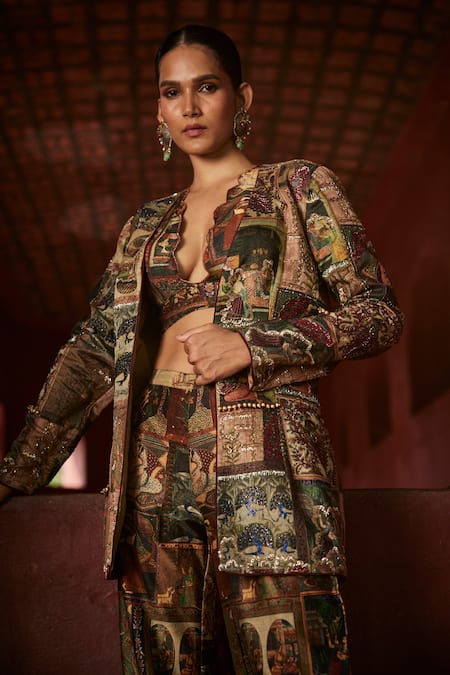Shop_Reynu Taandon_Brown Chanderi Sequins, Beads Plunge Neck Kalamkari Print Jacket And Pant Set _Online_at_Aza_Fashions