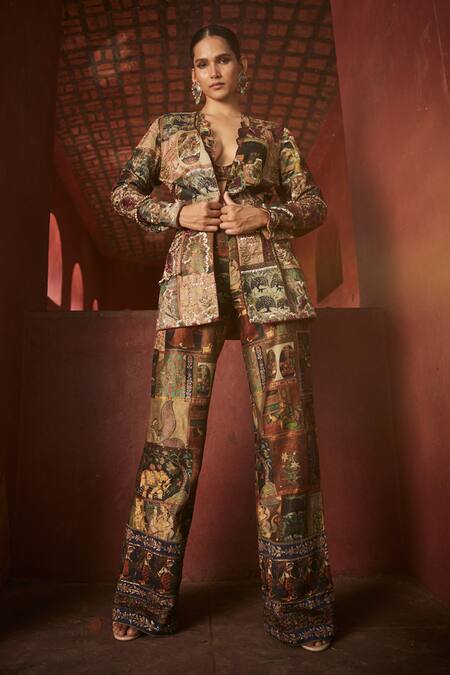 Reynu Taandon_Brown Chanderi Sequins, Beads Plunge Neck Kalamkari Print Jacket And Pant Set _at_Aza_Fashions